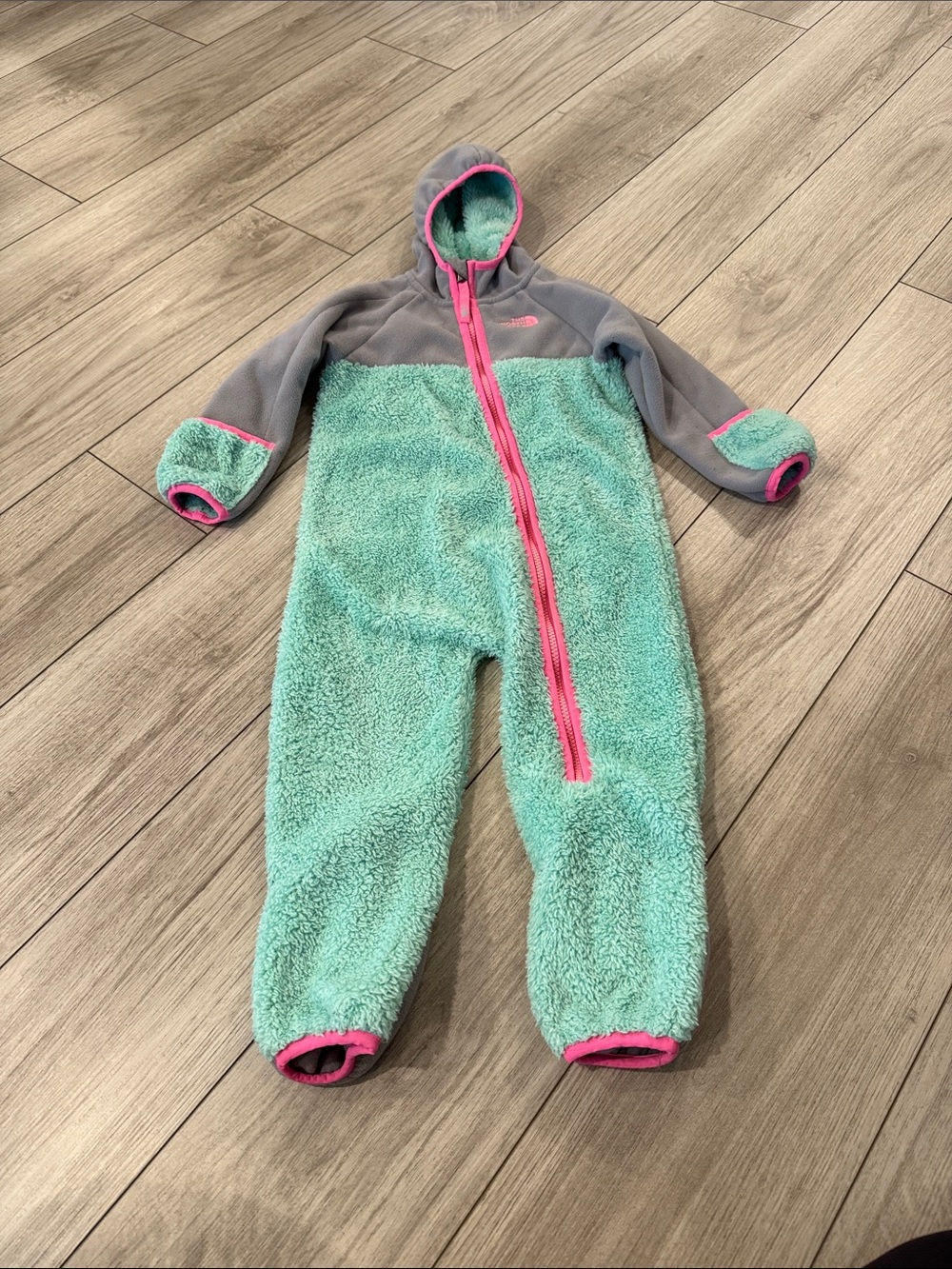 The North Face Kids Mint Green and Gray Fleece One-Piece Snowsuit 18-24 months
